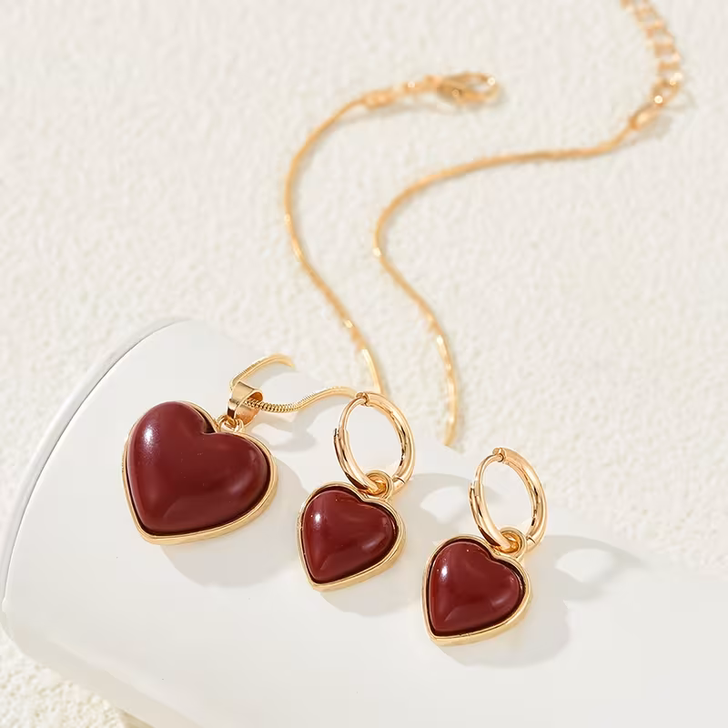 Elegant Red Heart Pendant & Earrings set